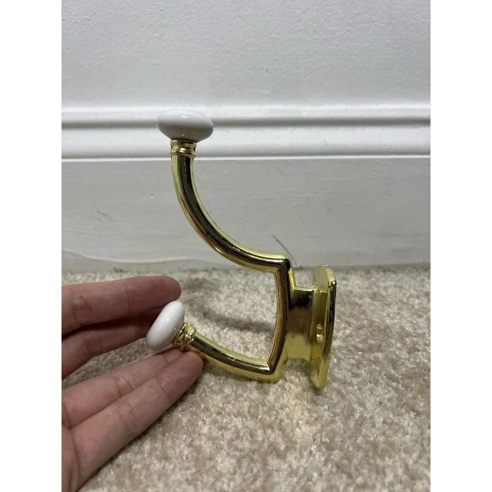 2 Vintage Metal Gold Wall Mount Coat Towel Double Hook Hanger Porcelain Knobs